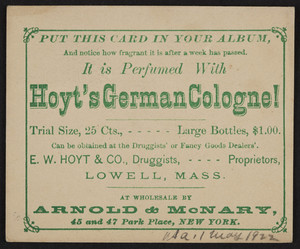Trade card for Hoyt's German Cologne, E.W. Hoyt & Co., Lowell, Mass., undated