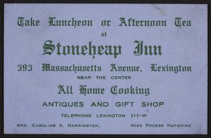 Trade card for the Stoneheap Inn, restaurant, 383 Massachusetts Avenue, Lexington, Mass., undated