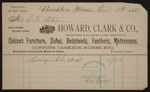Billhead for Howard, Clark & Co., cabinet furniture, sofas, bedsteads, feathers, mattresses, 85 Main Street, Brockton, Mass., dated April 11, 1887