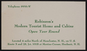 Trade card for Robinson's Modern Tourist Home and Cabins, U.S. Route 3 and 28, Jct. 101B at Martins Corner, Hooksett, New Hampshire, undated