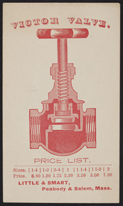 Price list for the Victor Valve, Little & Smart, Peabody and Salem, Mass., undated