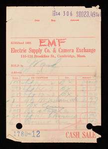 Billhead 1780-12, December 14, EMF Electric Supply Co. & Camera Exchange, 110-120 Brookline Street, Cambridge, Mass.