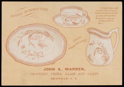 Trade card for John S. Warren, crockery, china, glass and lamps, Granville, New York, 1883
