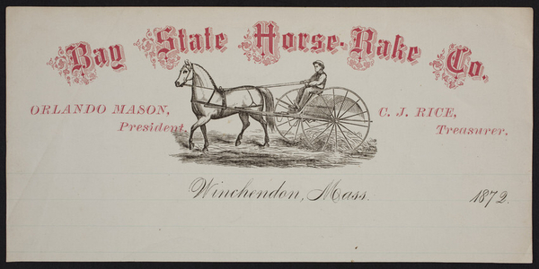 Trade card for Bay State Horse Rake Co., Winchendon, Mass., 1872