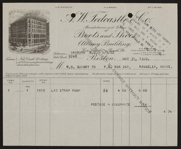 Billhead for A.W. Tedcastle & Co., boots and shoes, Albany Building, Boston, Mass., dated May 31, 1922