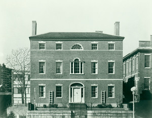 Exterior view of the Otis House with ladders under windows, Boston, Mass.
