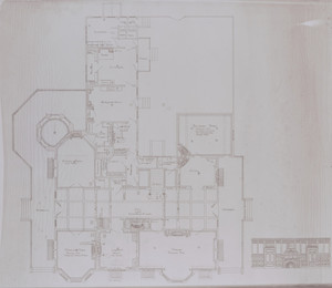 First floor plan with specifications and elevation room end for Holbrook Hall, Newton Center, Mass., undated
