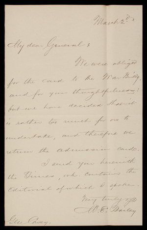 W. E. Bailey to Thomas Lincoln Casey, March 2, 1889