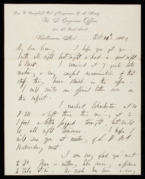 [William] P. Craighill to Thomas Lincoln Casey, October 11, 1889