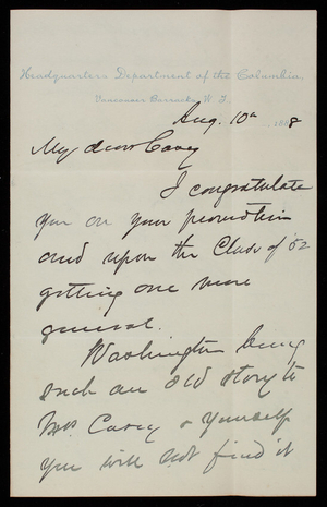 John Gribbon to Thomas Lincoln Casey, August 10, 1888