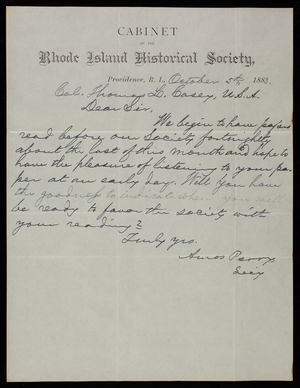 Amos Perry to Thomas Lincoln Casey, October 5, 1883