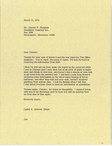 Letter from Judy A. Chilcote to Chester F. Shattuck