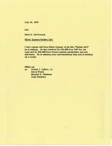 Memorandum from Mark H. McCormack concerning Elliott Kastner and Golden Girl