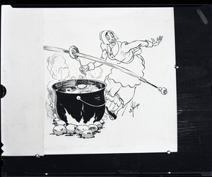 Henry A. Ellis and the doughnut: cartoon of Puritan woman frying dough, with Indian arrow shooting a hole in it