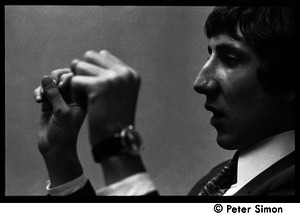 Pete Townshend: close-up, gesturing with his hands
