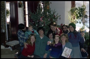 Communards posed in front of the Christmas tree, Montague Farm commune