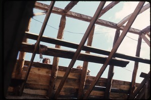 Roofing work on the barn, Montague Farm Commune: view from the interior