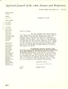 Letter from National Council of Arts, Sciences and Professions to W. E. B. Du Bois