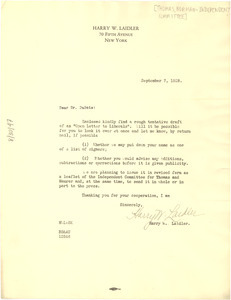 Letter from Harry W. Laidler to W. E. B. Du Bois