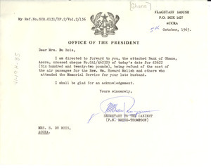 Telegram from Ghana Office of the President to Shirley Graham Du Bois