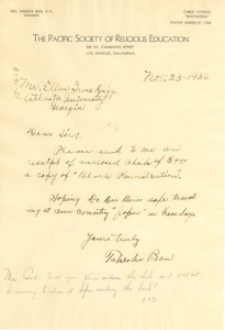 Letter from Pacific Society of Religious Education to Ellen Irene Diggs