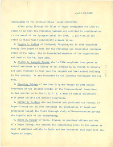 Memorandum from W. E. B. Du Bois to Spingarn Medal Award Committee