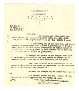 Letter from L. A. Fowlkes to The Crisis