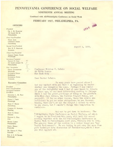 Letter from Pennsylvania Conference on Social Welfare to W. E. B. Du Bois