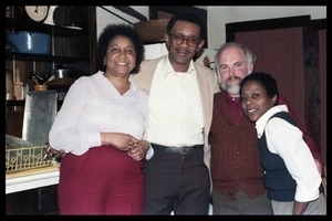 Esther Terry, Robert H. Abel, David Graham Du Bois, and unidentified woman in the kitchen (right to left), at the book party for Robert H. Abel