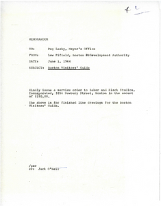 Memorandum from Lew Fifield, Boston Redevelopment Authority to Peg Leahy, Mayor's Office concerning a service order to Baker and Black Studios Incorporated