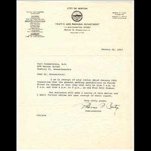 Letter from Thomas F. Carty to Carl Cooperstein concerning parking prohibitions on Warren Street