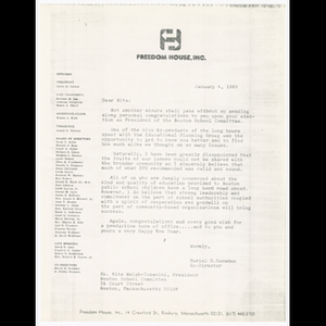 Letter from Muriel S. Snowden to Rita Walsh-Tomasini congratulating new election as president of the school committee