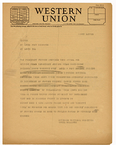 Telegram from Citizens National Committee for Sacco and Vanzetti to St. Louis Post Dispatch editor, circa August 1927