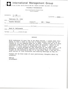 Fax from Mark H. McCormack to Fumiko Matsuki