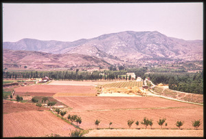 Aerial view of cultivated fields, mountains behind