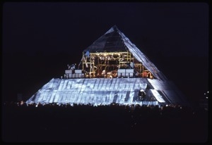 Stage at the Glastonbury Fayre, built like a great illuminated pyramid
