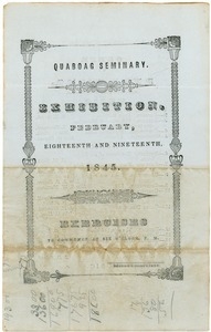 Quaboag Seminary: Exhibition, February eighteenth and nineteenth, 1845: Exercises to commence at six o'clock, P.M.