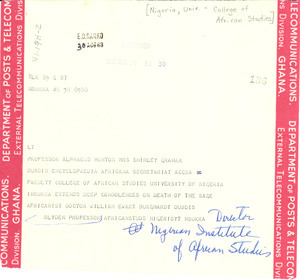 Telegram from Nigerian Institute of African Studies to Shirley Graham Du Bois