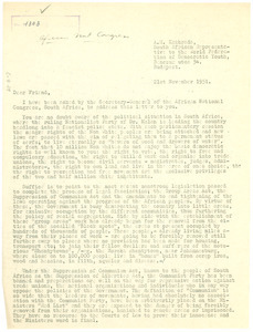 Circular letter from African National Congress to W. E. B. Du Bois