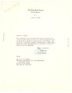 Letter from New York Times to W. E. B. Du Bois