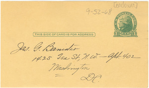 Self-addressed postcard from James G. Banister