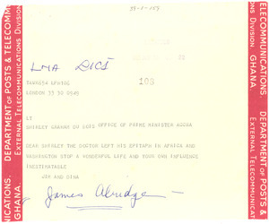 Telegram from James Alridge to Shirley Graham Du Bois