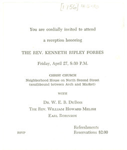 Invitation to Rev. Kenneth Ripley Forbes reception