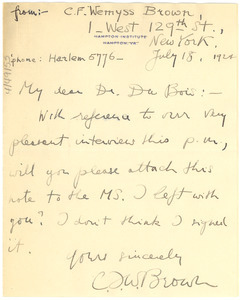 Letter from Charles F. W. Brown to W. E. B. Du Bois