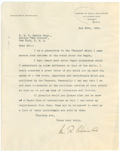 Letter from Minocher R. Bharucha to W. E. B. Du Bois