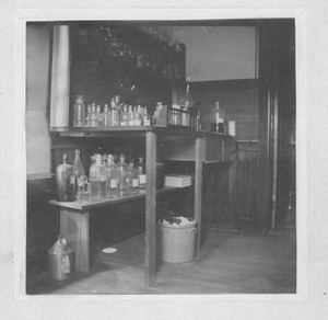 Laboratory bench and chemicals in the Insectary (also known as the Entomological Building)