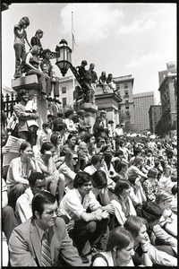 Demonstration at State House against the killings at Kent State: protesters seated on State House steps