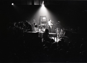 Grateful Dead at Sargent Gym, Boston University: clockwise from front, Ned Lagin, Bill Kreutzmann, Jerry Garcia, Phil Lesh, Mickey Hart, Ron "Pigpen" McKernan, and Bob Weir
