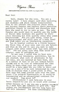 Correspondence from Virginia Prince to Lou Sullivan (February 2, 1979)