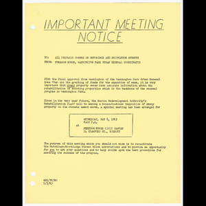 Memorandum from Freedom House, Washington Park Urban Renewal Coordinator to all property owners on Hutchings and Brookledge Streets about meeting on May 8, 1963